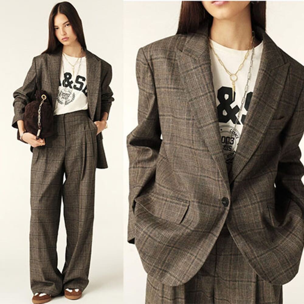 NEW Ba&sh Plaid Long Sleeve Checked Blazer Jacket Gray Size: Extra Small